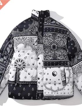 Men Cashew Parka Korean Oversize Stitching Black White Puffe