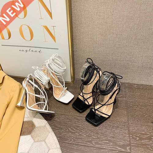 HMSZ Women&#s Square Toe High Heels Flip Flop Sandals P