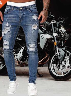 Jeans Men Ripped Skinny Jeans Blue Pencil Pants Motorcycle P