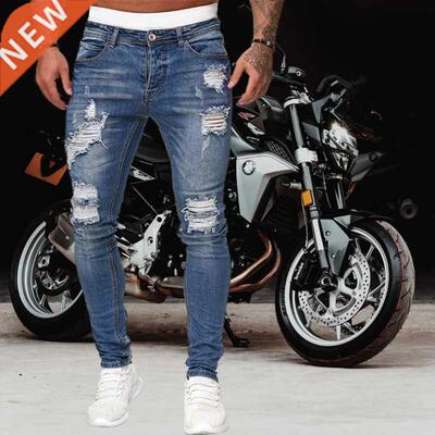 Jeans Men Ripped Skinny Jeans Blue Pencil Pants Motorcycle P