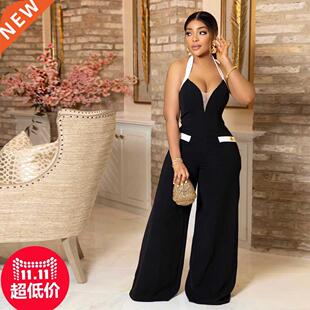 2023 New women's black halter jumpsuit黑色连体裤女士