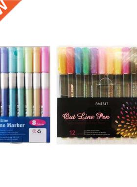 8/12pc Double Line Outline Metallic Marker Pens Color Graffi