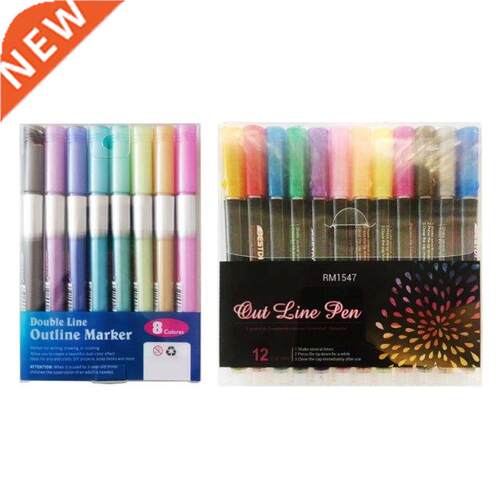 8/12pc Double Line Outline Metallic Marker Pens Color Graffi