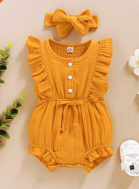 Summer Baby Grls Romper + Headband Cotton Lnen Ruffles Sle