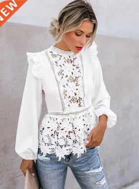 Women Boho Long Sleeve Floral Lace White Tops Blouses Hollow
