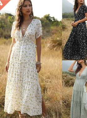 2022 women summe beach int dess 波西米亚沙滩裙碎花连衣裙