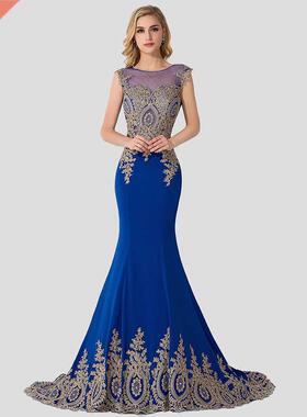 Plus Size Blue Prom Dresses Long Women Mermaid Train Party G