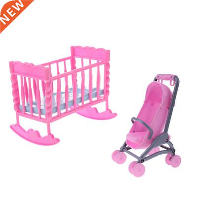 Plastic Miniature Cradle Bed+Stroller Dollhouse Accessories