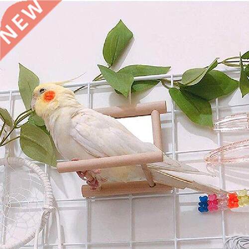 1pc Pet Bird Mirror Wooden Play Toy With Perch For Parrot