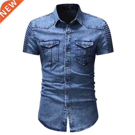 Mens Slim Fit ort Sleeve Denim irt Casual Button Down St