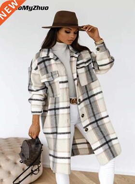 2022 Spring New Plaid Long Blouses Coat Women Casual Vintage