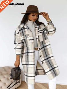 2022 Spring New Plaid Long Blouses Coat Women Casual Vintage