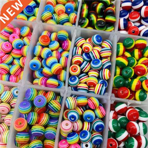 50pcs 8mm Resin Beads Round Rainbow Stripe Loose Spacer Bead