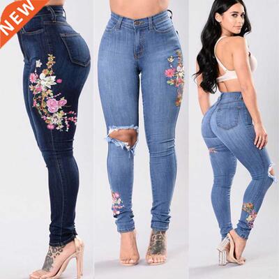 Stch Embroidered Jeans Y2k Women Elastic Flower Jeans Female