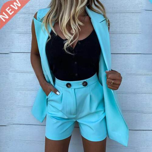Women Sleeveless Plaid Button Up Tops Elastic Waist Blazer T