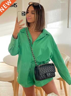 Aproms Elegant Solid Cotton Blend Two Piece Tops and Shorts