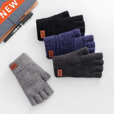 Solid Color Black Half Finger Fingerless Gloves for MenWool