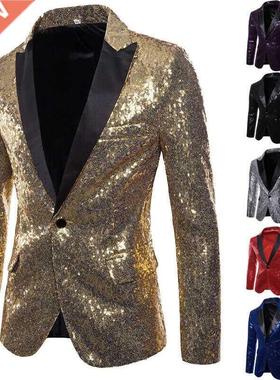 Fashion Men Sequin One Button Blazer Suit Jacket Shiny Weddi