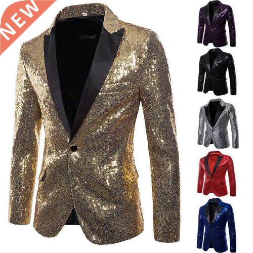 Fashion Men Sequin One Button Blazer Suit Jacket Shiny Weddi