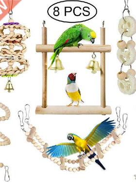 8Pcs/Set Bird Parrot Swing Hanging Toy,Natural Wood Bell