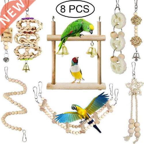 8Pcs/Set Bird Parrot Swing Hanging Toy,Natural Wood Bell