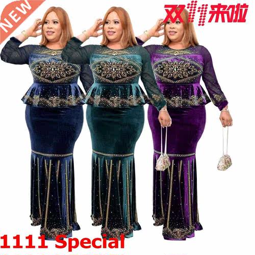 Fall 2021 Plus-size slim Flounces high-waisted African dress