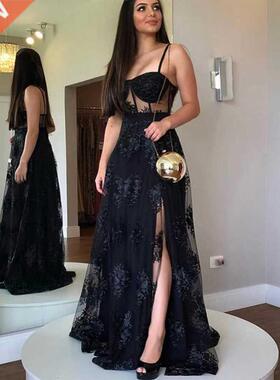 Black Evening Dress A-Line Sweetheart Floor Length Side Slit