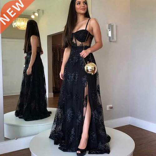 Black Evening Dress A-Line Sweetheart Floor Length Side Slit