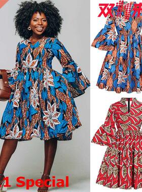 2021 Autumn digital Lotus sleeve small V-neck African dress