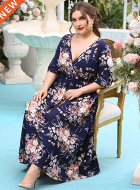 L-4XL大码胖MM女士印花高腰连衣裙Large print lady dress2023