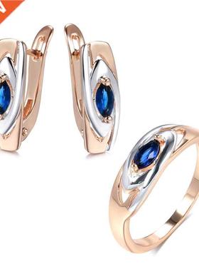 Kinel Luxury Blue Stone Earrings Ring Sets 585 Rose Gold Mix