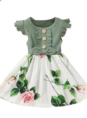 Toddle Baby Gils ibbed Floal Dess Kids Summe Dess Fly
