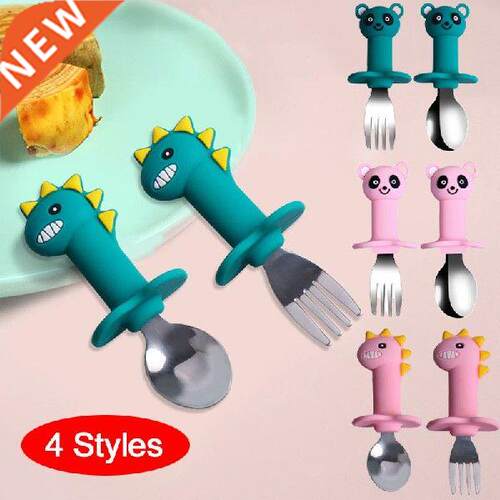 Baby Feeding Spoon Fork Set Silicone Handle Cartoon