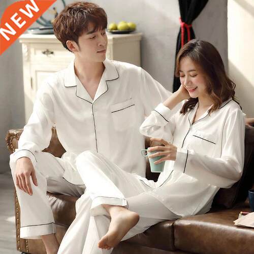 Solid Color Sleepwear Silk Satin Pajama Sets Couple Long But