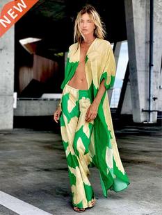 2022 Cover-ups Beach Kimono Green Print Floral Chiffon Boho