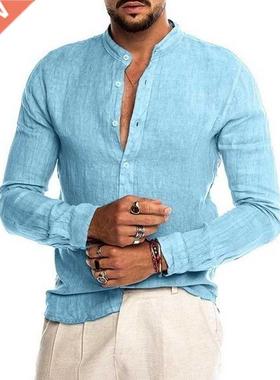 New Men's Solid Color Linen Long Sleeve Shirt Cardigan Long