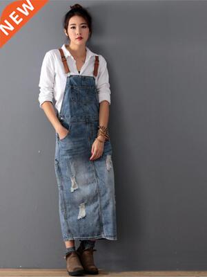 Women Loose Denim Dress Ladies Bleached Holes Denim Dress Fe