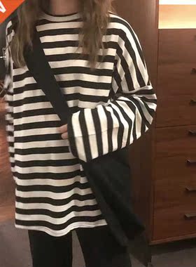 spring Autumn Women harajuku Striped Tshirt Long Sleeve O-Ne