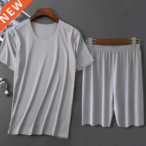 Men Ice Silk Pajamas Solid Shirt&Pant 2PCS Pijamas Sleep Set