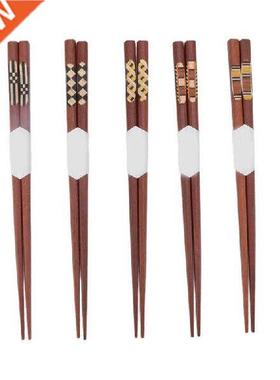 5 Pair Wooden Chopsticks Red Sandalwood Grooved Pattern