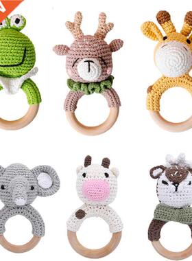 1PC Baby Rattle Toys Cartton Animal Crochet Wooden Rings Rat