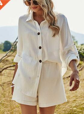 2022 Summer Beach Casual Button White Women's Sets Cotto