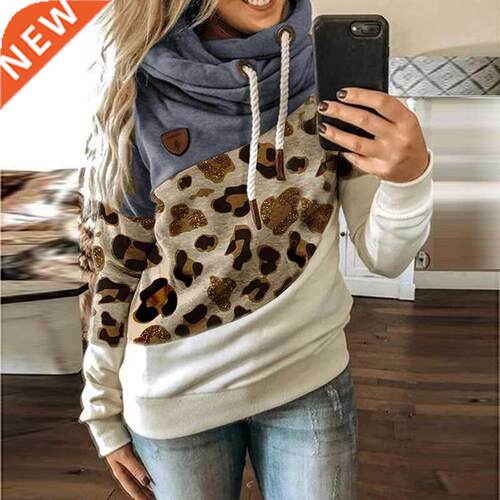 Women's Leopard Patchwork Hoodies Sweatshirt Autumn Winter T