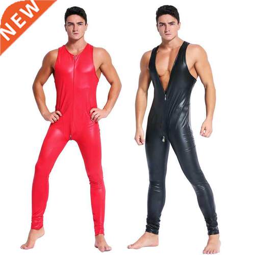Man leather latex catsuit Teddy bodysuit black red iny Ero