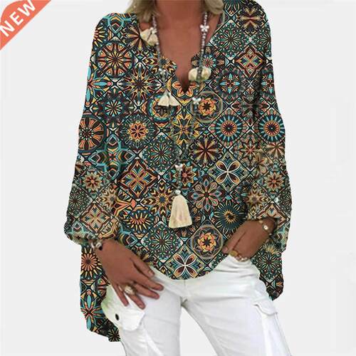40#Women's Blouses Boho Floral Print Plus Size Loose Blouse