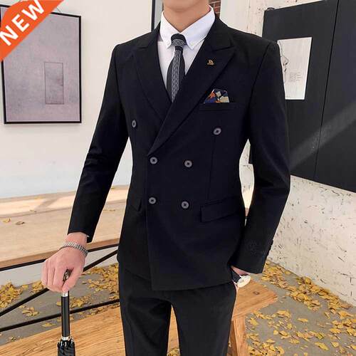 Men Double Breasted Two Piece Suit Coat Set Slim Faion New