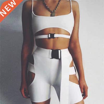 Summer Women Two Piece Set Shorts Set Button Crop top Hollow