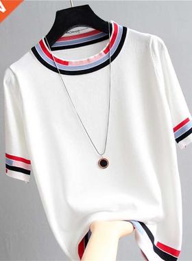 Casual Tees Women Knitting Tops patchwork ort sleeve Ladie