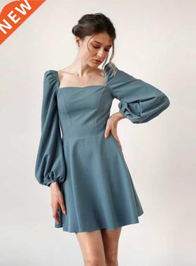 CHURSES Sold Casual Sprng Mn Dress Puff Sleeve Square Ne