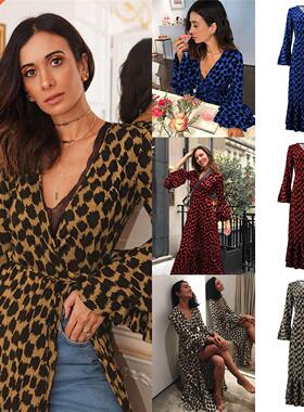 Women's leopard-prnt dresses wth long flared sleeves连衣裙